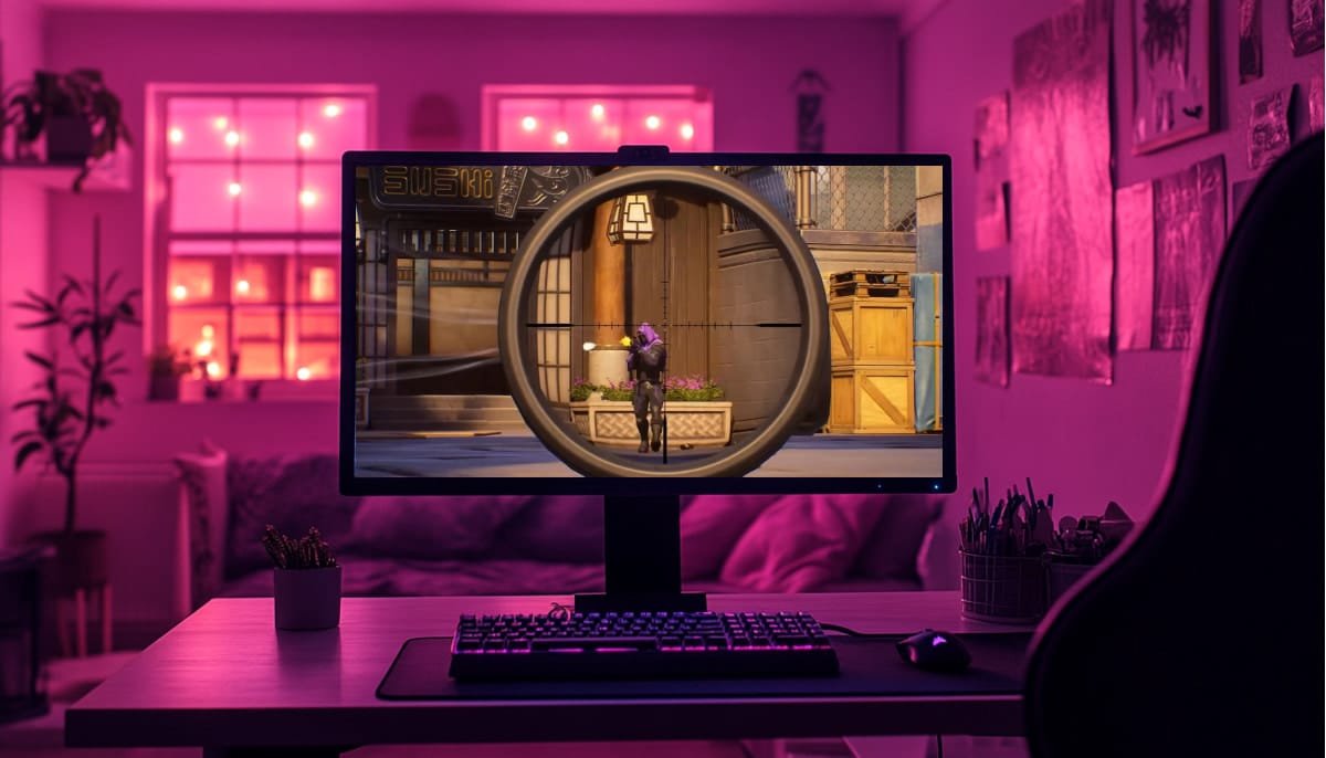 A cozy room lit with purple lights features a computer screen showing character from Fortnite