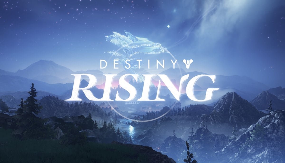Destiny: Rising logo over mountain landscape with night sky