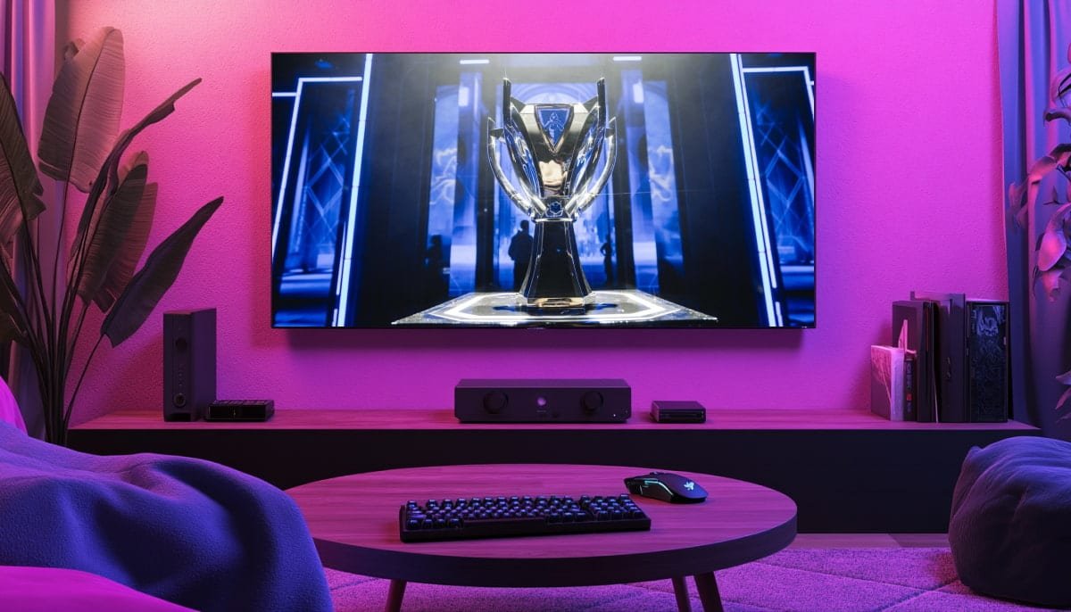 A cozy room with a purple-lit ambiance features a large TV displaying a shiny LoL's trophy