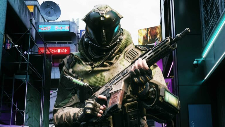 Image of Call of Duty Black Ops 7 player holding a gun with Japanese building signs in the background