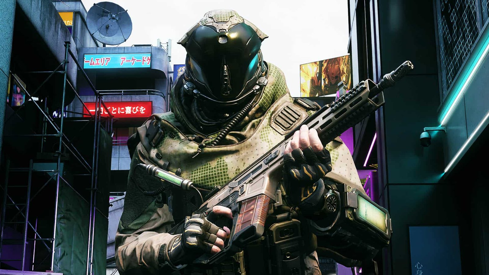 Image of Call of Duty Black Ops 7 player holding a gun with Japanese building signs in the background