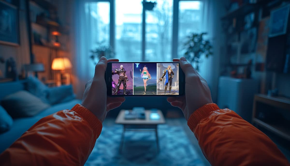 Hands hold a smartphone displaying MLBB characters