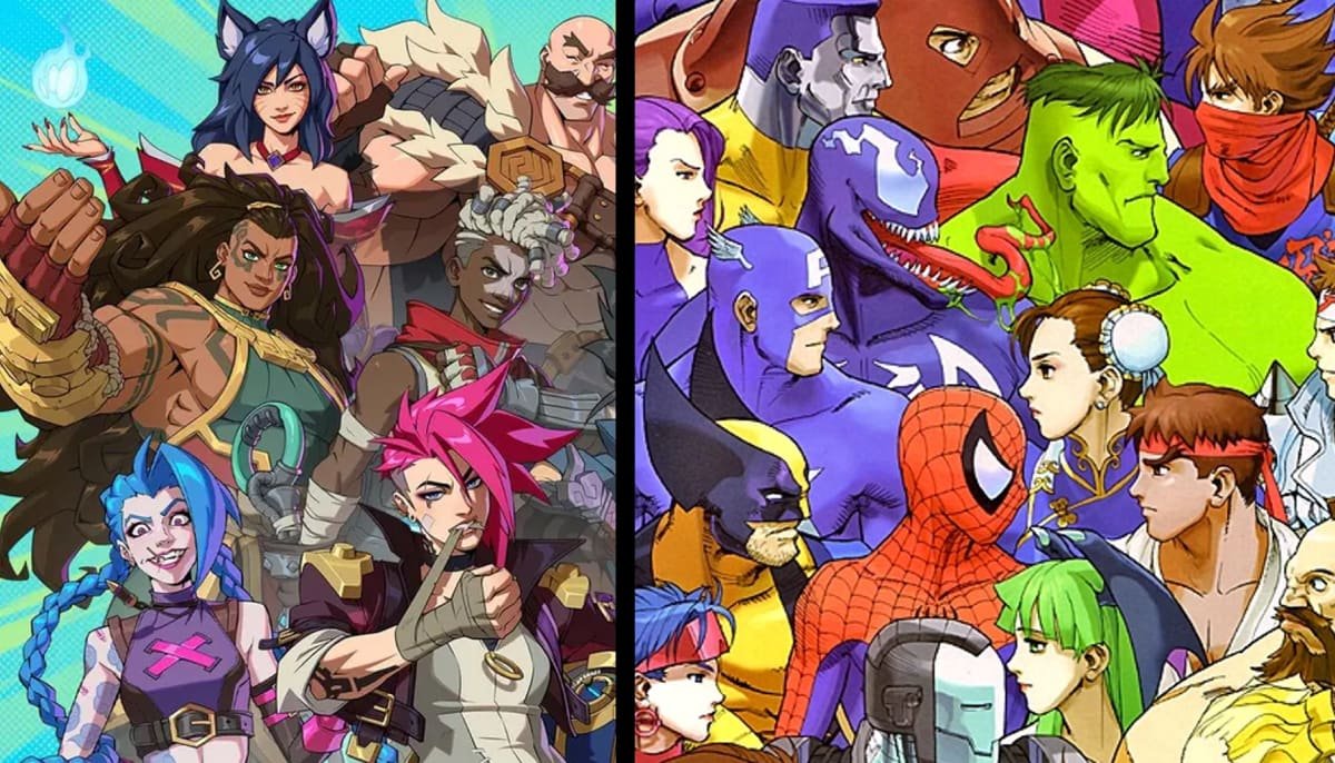 Illustrated image of 2XKO and Marvel vs Capcom characters. The image splited in two sections
