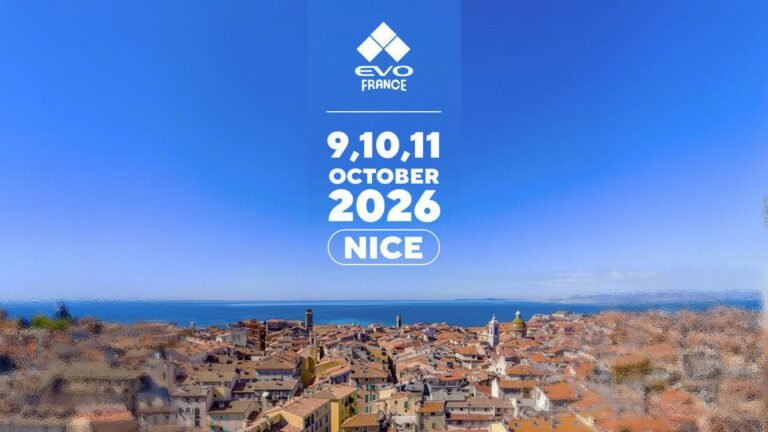 Image of EVO France logo above the Nice skyline with clear blue sky in the background