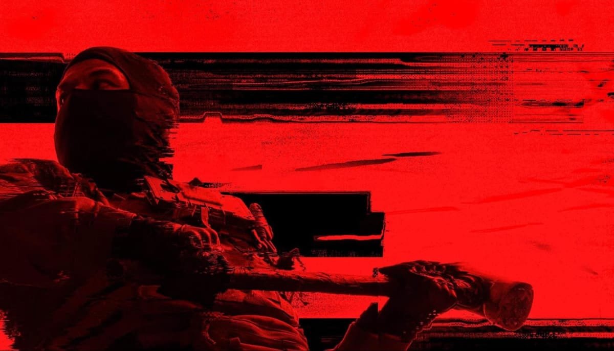 A masked BF's 6 character in dark attire holds a large axe against a vivid red and black digital glitch background