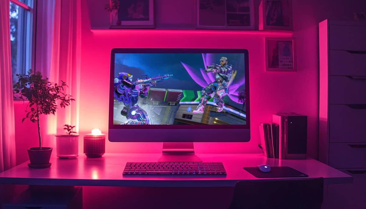 A computer on a desk displays Apex Legends battle scene