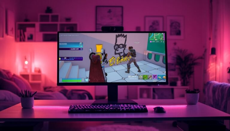 A gaming setup in a dimly lit room with pink lighting. The screen displays Fortnite scene featuring Bart Simpson