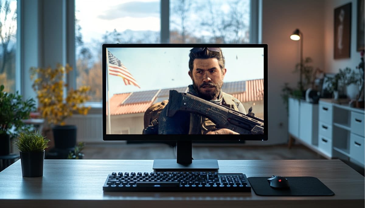 A monitor on a desk displays Battlefield 6 character holding a rifle. An American flag is visible in the scene