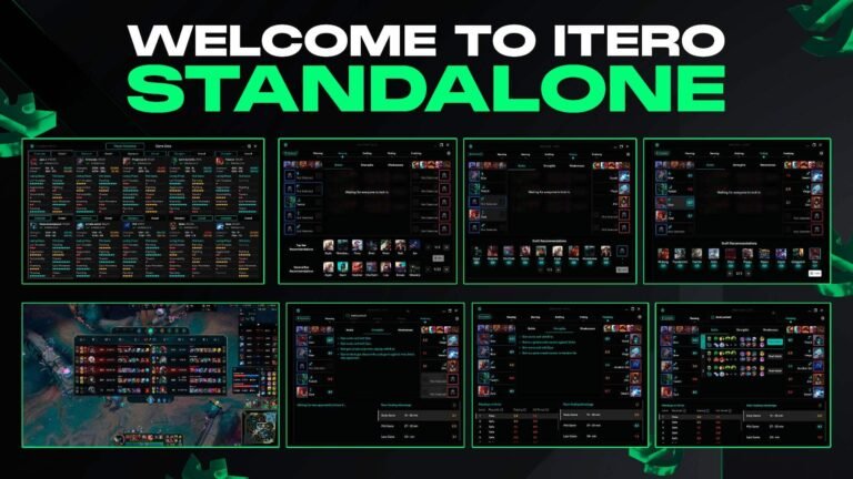 Image of League of Legends builds on a black background with white and green text above