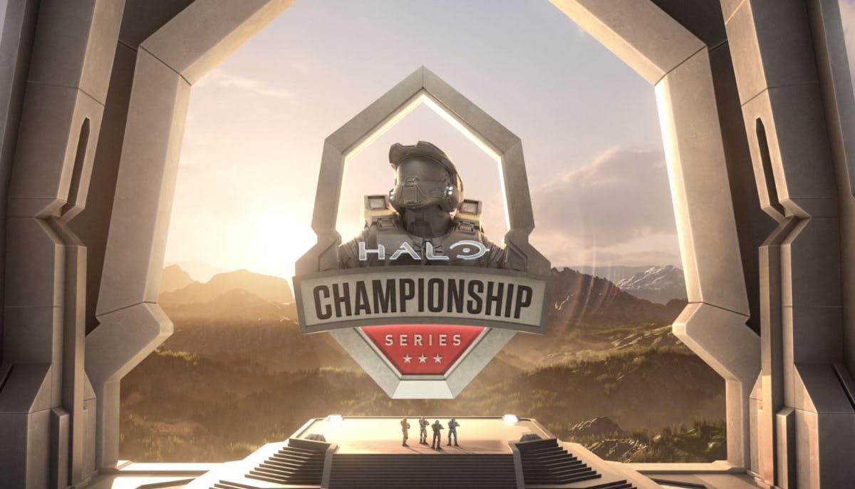 A futuristic stage with a large "Halo Championship Series" logo featuring a helmet, set against a mountainous landscape at sunrise
