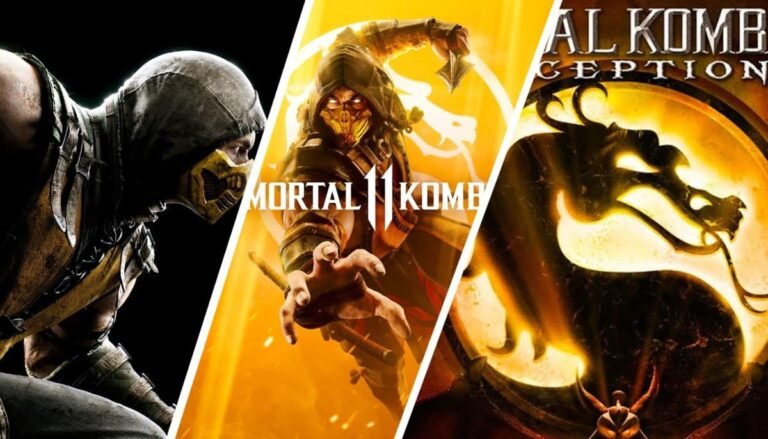 A collage showcasing Scorpion and logos from Mortal Kombat X, Mortal Kombat 11, and Mortal Kombat: Deception