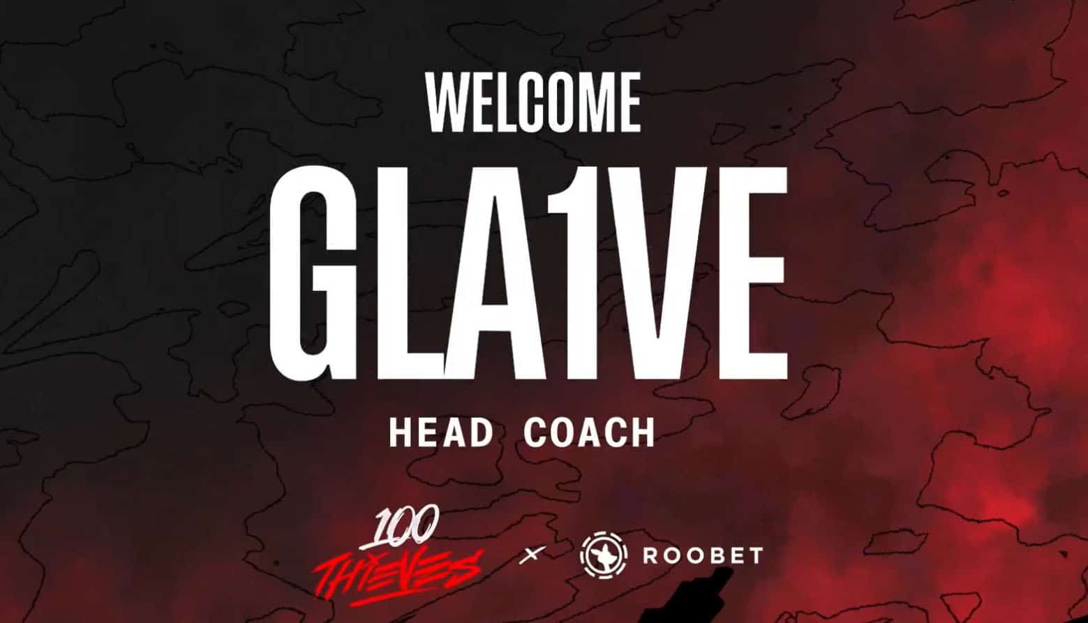 Image of white text on a red and black background. The text is above the 100 Thieves and Roobet logos