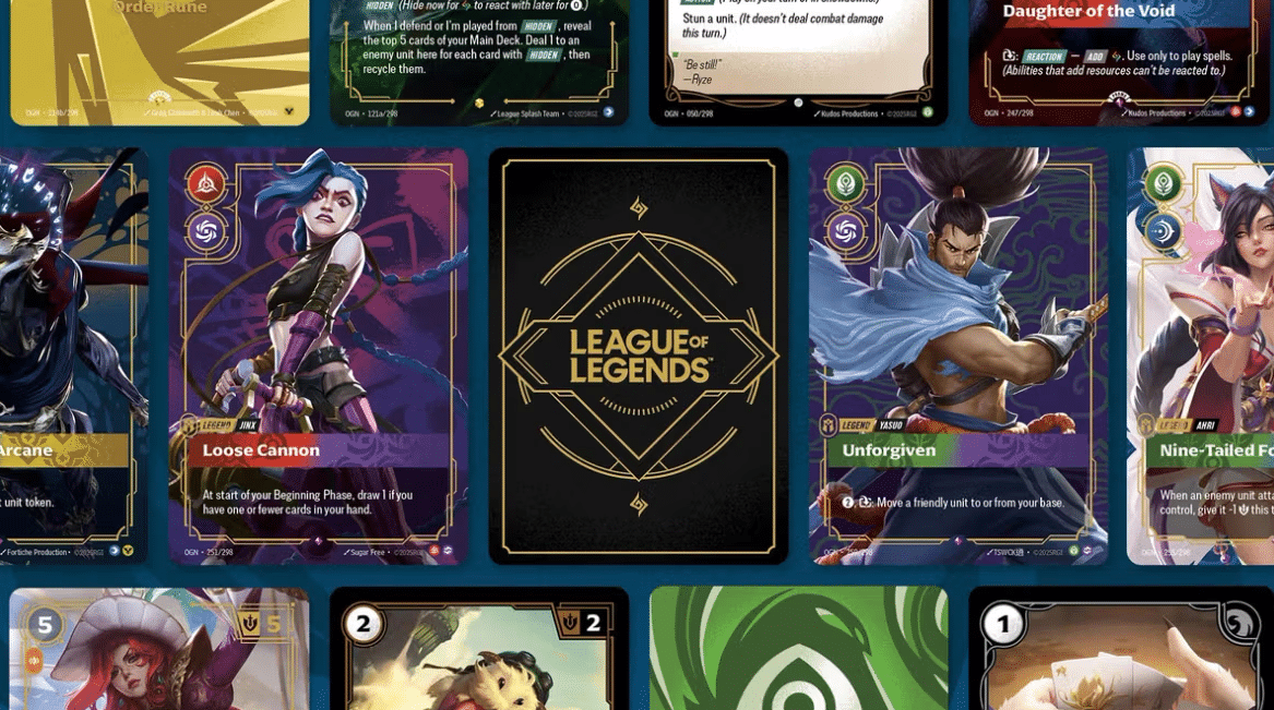 League of Legends Riftbound graphic featuring Jinx and Yasuo cards