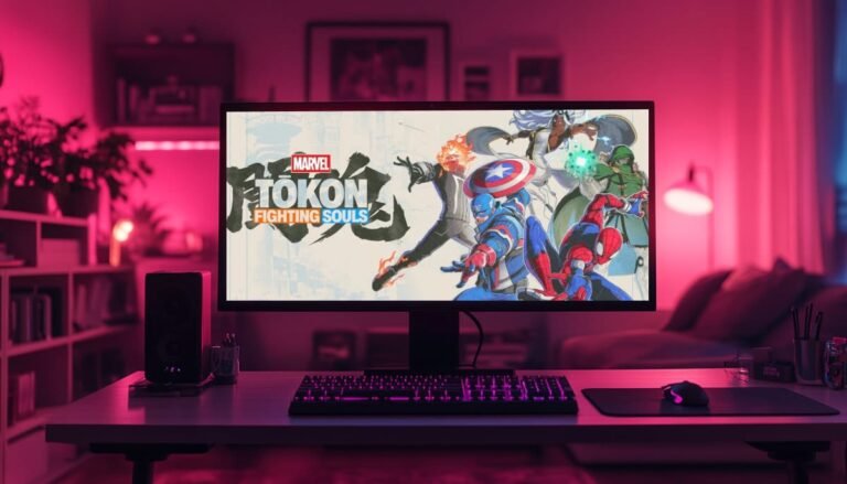 A computer monitor displays the game "Marvel Tokon: Fighting Souls" featuring dynamic superheroes