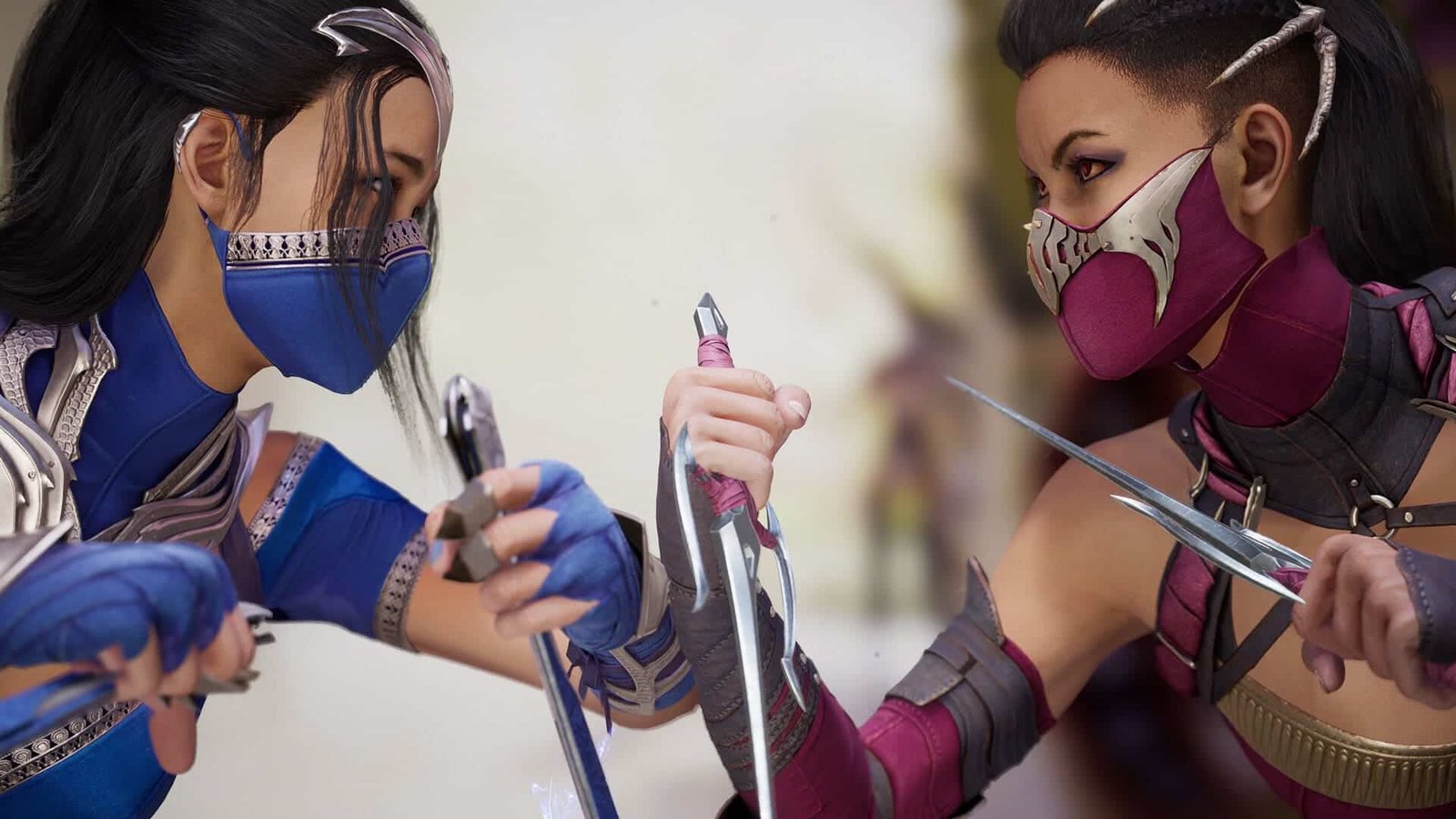 Kitana and Mileena lock weapons during an intense fight in Mortal Kombat 1