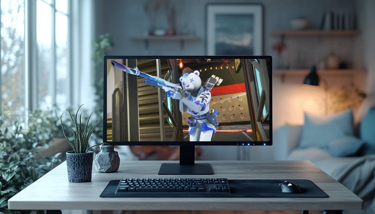 A cozy room with a desk featuring a computer monitor displaying Apex Legends character