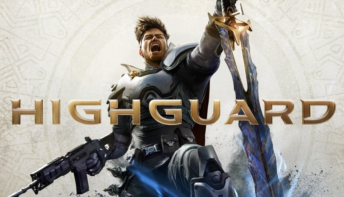 Promotional artwork for the video game Highguard, featuring a character in armor holding a large sword and a futuristic rifle