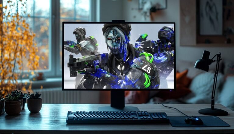 A computer monitor on a desk displays a Marathon game scene featuring four futuristic, armored characters in a sci-fi environment. The character in the foreground has a face with red markings and blue features, aiming a weapon with green and blue accents