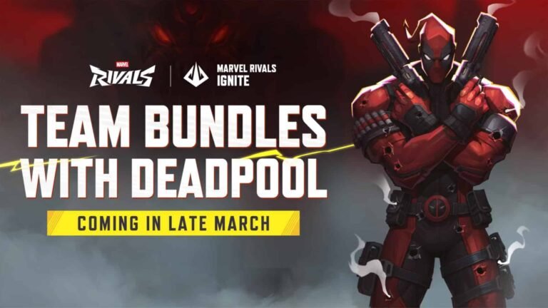 Image of Deadpool in Marvel Rivals standing next to white text on a black and grey background