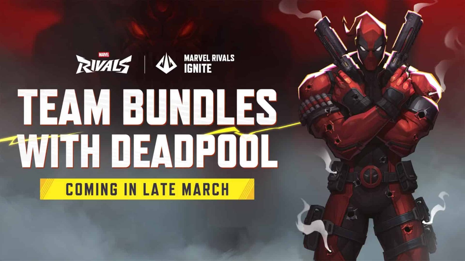 Image of Deadpool in Marvel Rivals standing next to white text on a black and grey background