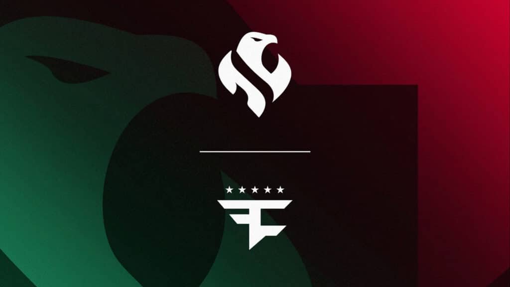 Image of Riyadh Falcons and FaZe Clan logos above each other on a green and red background