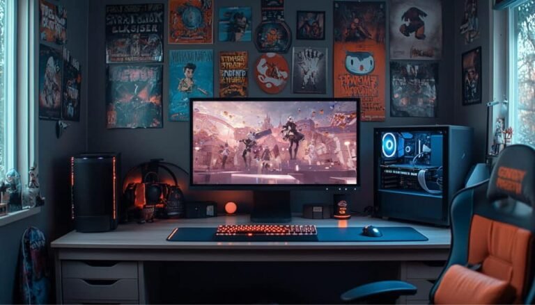 Gaming setup with Overwatch 2 gameplay on a monitor and posters on the wall